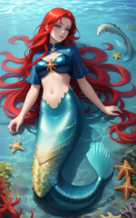 Obraz na płótnie Canvas Fantasy woman mermaid myth goddess of sea. Art creative costume ocean good body woman. mystic spirit of lake river floats swimming in water. sunset nature Magic sun light