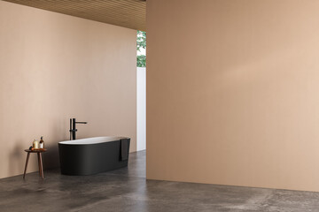 Modern bathroom interior with beige walls, bathtub and grey concrete floor. Minimalist beige...