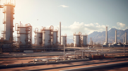 Create an oil refinery in the heart of the desert, with gleaming silver tanks and distillation columns reflecting the scorching sunlight, showcasing the industrial process of refin Generative AI