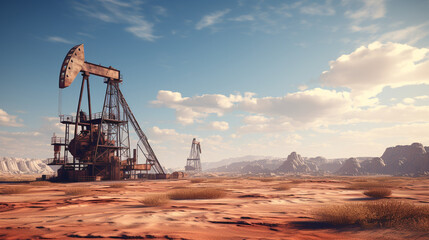 Design a massive oil rig standing tall amidst the vast desert landscape, with towering drilling platforms and pipelines stretching into the horizon, exemplifying the scale of oil p Generative AI