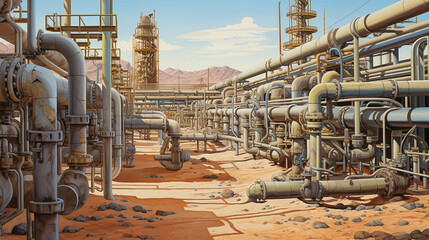 Craft an intricate network of underground pipelines crisscrossing the desert, connecting multiple oil wells to a central processing facility, exemplifying the engineering marvel of Generative AI - obrazy, fototapety, plakaty