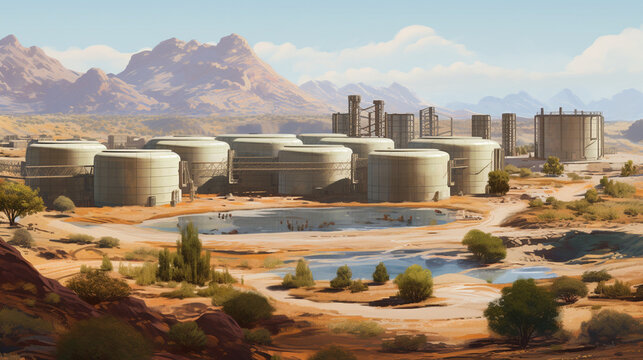 Develop an oil storage depot in the desert, with rows of cylindrical tanks painted in earth tones, blending harmoniously with the surrounding landscape." Generative AI