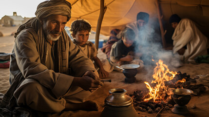 Create a documentary-style photo essay capturing the daily life of Bedouins inside their tents, from preparing meals to sharing stories around the campfire." Generative AI