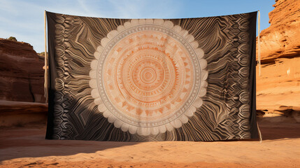 Craft an intricate tapestry inspired by Bedouin tent motifs, incorporating elements of nature and celestial patterns, symbolizing their spiritual connection with the desert." Generative AI