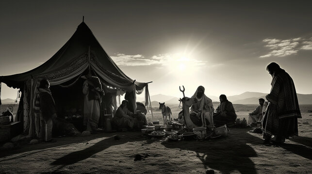Craft a series of black-and-white photographs capturing the timeless allure of Bedouin tents and their inhabitants, portraying their timeless existence in a fast-paced world." Generative AI