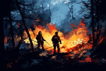 Cartoon style image of firefighters trying to put out the fire in the burning forest. AI generated.