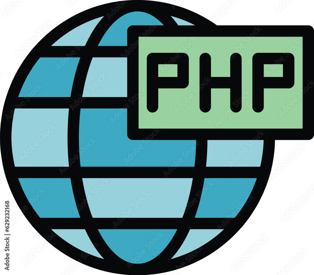 Poster global php icon outline vector. cms development. web design color flat