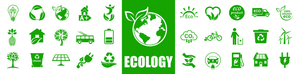 Obraz premium Set ecology icons, eco planet green signs, nature eco symbol – stock vector