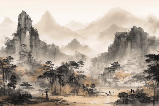 Ink brush strokes mountains landscape, watercolor. Generative AI