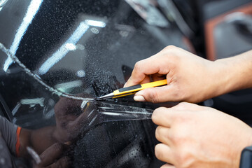 PPF technician installing PPF on the side of the car. PPF is a polyurethane, protective film that...