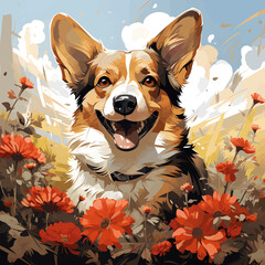 Welsh Corgi Dog with flowers close-up watercolor illustration.
