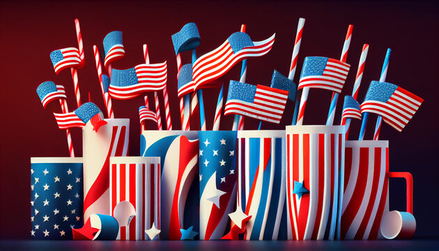 Happy Labor Day. Independence day USA banner of American flags, drinking straws, 4th of july independence day, Ai generated image 
