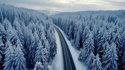 Aerial view of winter road in the forest. Beautiful winter landscape