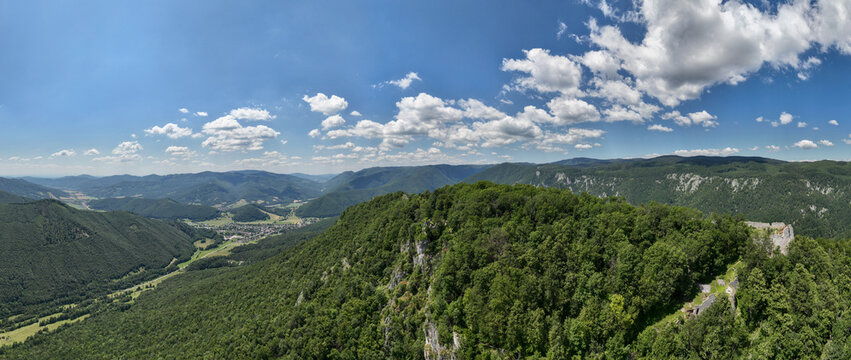 Aerial view of the ruins of the Muran Castle above the village of Muran in Slovakia