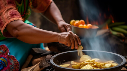 close-up of South American woman cooking traditional food - obrazy, fototapety, plakaty