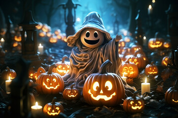 Obraz premium Happy cute ghost surrounded by halloween pumpkins - generative ai