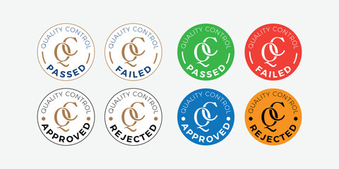 QC Passed and Failed, Quality Control Approved and rejected, logo, emblem, symbol, stamp, badge, icon, label, flat vector, isolated illustration, latest design. white, black, Brown,red, blue, yellow.