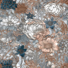 Seamless floral background repeating pattern, blues greys