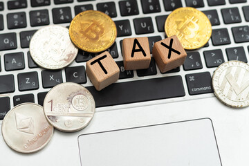 Wooden cubes with word TAX on heap of coins. Business concept. 