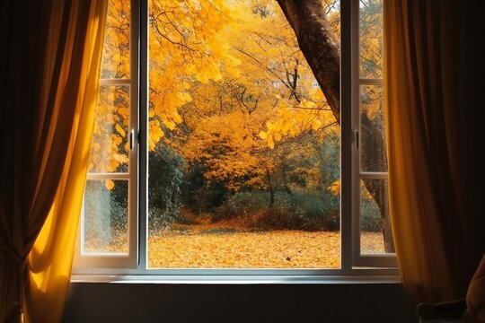 Window in room view on autumn park with fall leaves on the tree. autumn concept. created generative ai.