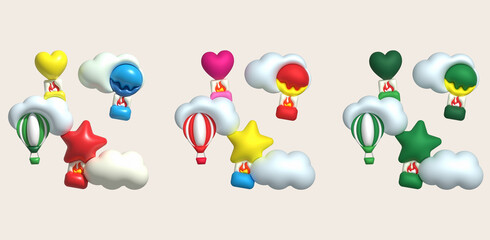 3d icon. Collection travel with hot air balloon flying gas and cloud. Minimal style icon.