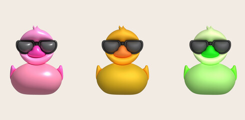 3d icon.Rubber duck wearing black glasses or ducky bath toy flat. Cute rubber floating for children.