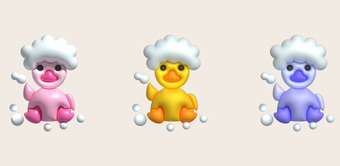 3d icon. Rubber duck playing with bubble water or bath toy. Cute rubber floating for children.