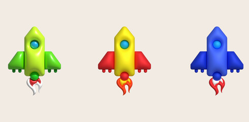 3d cartoon style minimal spaceship rocket icon. Toy rocket upswing. Startup, space, business concept.