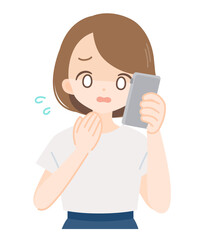 スマートフォンで電話対応・案内をする笑顔の女性