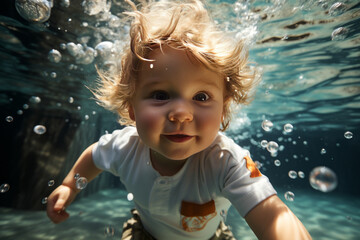 Adorable baby swiming underwater. Diving toddler. High quality photo wide angle lens daylight white generative ai - obrazy, fototapety, plakaty