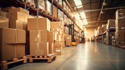 Retail warehouse full of shelves with goods in cartons, with pallets and forklifts. Logistics and transportation blurred background. Product distribution center. Generative ai