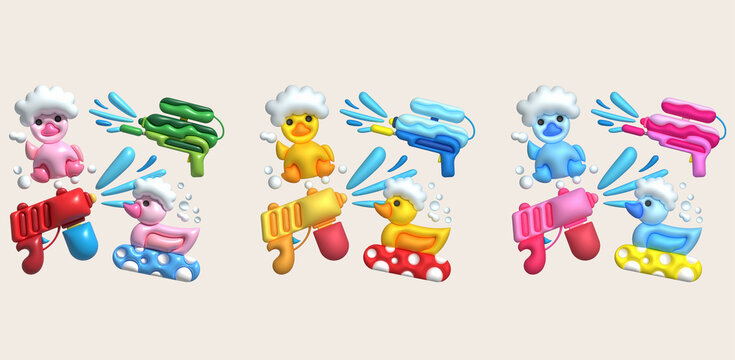 3d icon.Water gun illustration. Plastic summer toy. Colorful design for children. Gun with water splash.