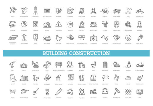 Outline web icons set - building, construction and home repair tools
