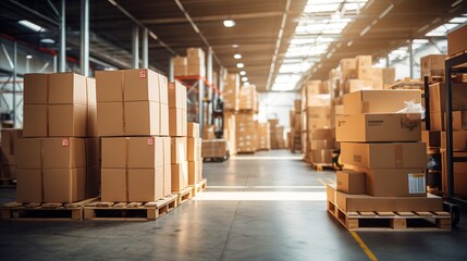 Retail warehouse full of shelves with goods in cartons, with pallets and forklifts.Logistics and transportation blurred background. Product distribution center. Generative ai