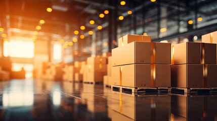 Retail warehouse full of shelves with goods in cartons, with pallets and forklifts. Logistics and transportation blurred background. Product distribution center. Generative ai