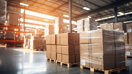 Retail warehouse full of shelves with goods in cartons, with pallets and forklifts. Logistics and transportation blurred background.  Product distribution center. Generative ai - obrazy, fototapety, plakaty