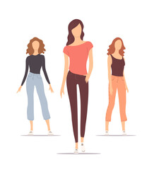 Fototapeta premium Beautiful modern girls in summer clothes. Fashion female model. Young women beauty. Vector isolated flat illustration. White background