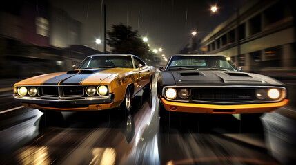Fototapeta na wymiar Vintage racing cars on a rainy street at night