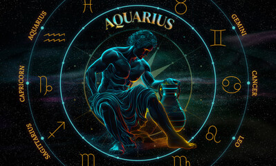 Aquarius. Zodiac sign. Illustration of the Aquarius symbol of the horoscope over a cosmos of constellations