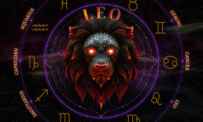 Leo. Zodiac sign. Illustration of the Leo symbol of the horoscope over a cosmos of constellations