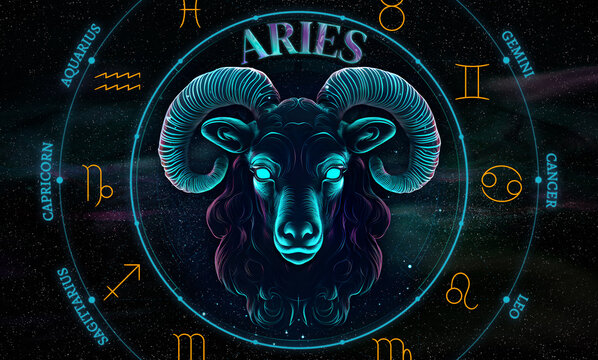 Aries. Zodiac sign. Illustration of the Aries symbol of the horoscope over a cosmos of constellations
