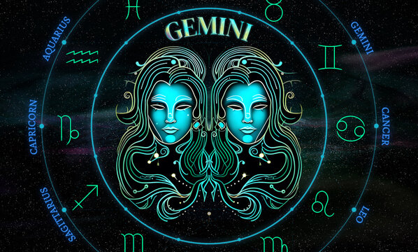 Gemini. Zodiac sign. Illustration of the Gemini symbol of the horoscope over a cosmos of constellations