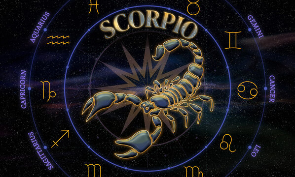 Scorpio. Zodiac sign. Illustration of the Scorpio symbol of the horoscope over a cosmos of constellations