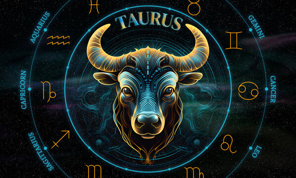Taurus. Zodiac sign. Illustration of the Taurus symbol of the horoscope over a cosmos of constellations