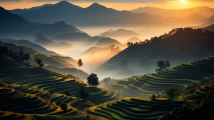 Fotobehang Heliocentric of Mu Cang Chai, a round circle terraced rice hill no house, Yen Bai, Viet Nam in misty sunset golden hours generative ai © JKLoma