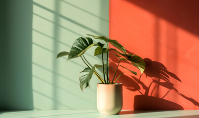 A solitary plant within an unfurnished chamber. The scene boasts minimalism, with the plant's outline creating shadows on both the wall and floor.