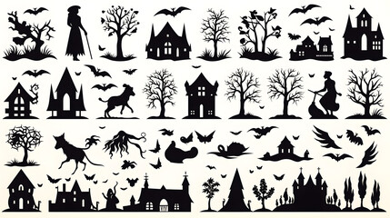 Naklejka premium Collection of halloween silhouettes icons and characters, bat, witch, pumpkins, haunted house, trees