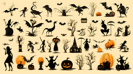 Collection of halloween silhouettes icons and characters, bat, witch, pumpkins, haunted house, trees