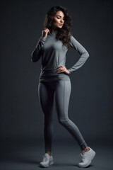 Fit woman. Healthy young female athlete doing fitness workout. Sportswoman posing. smiling pleased, wearing a sports outfit. Isolated on gray background. Generated AI 