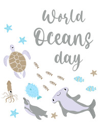 Obraz premium Vector ocean illustration with hammerhead fish,turtle,penguin,squid.Worlg ocean day - modern lettering.Underwater marine animals.Ecology design for banner,flyer,postcard, website design,poster